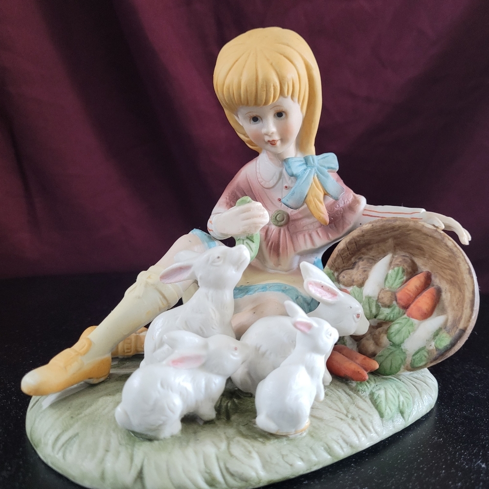 Vintage Porcelain Girl Feeding Rabbits